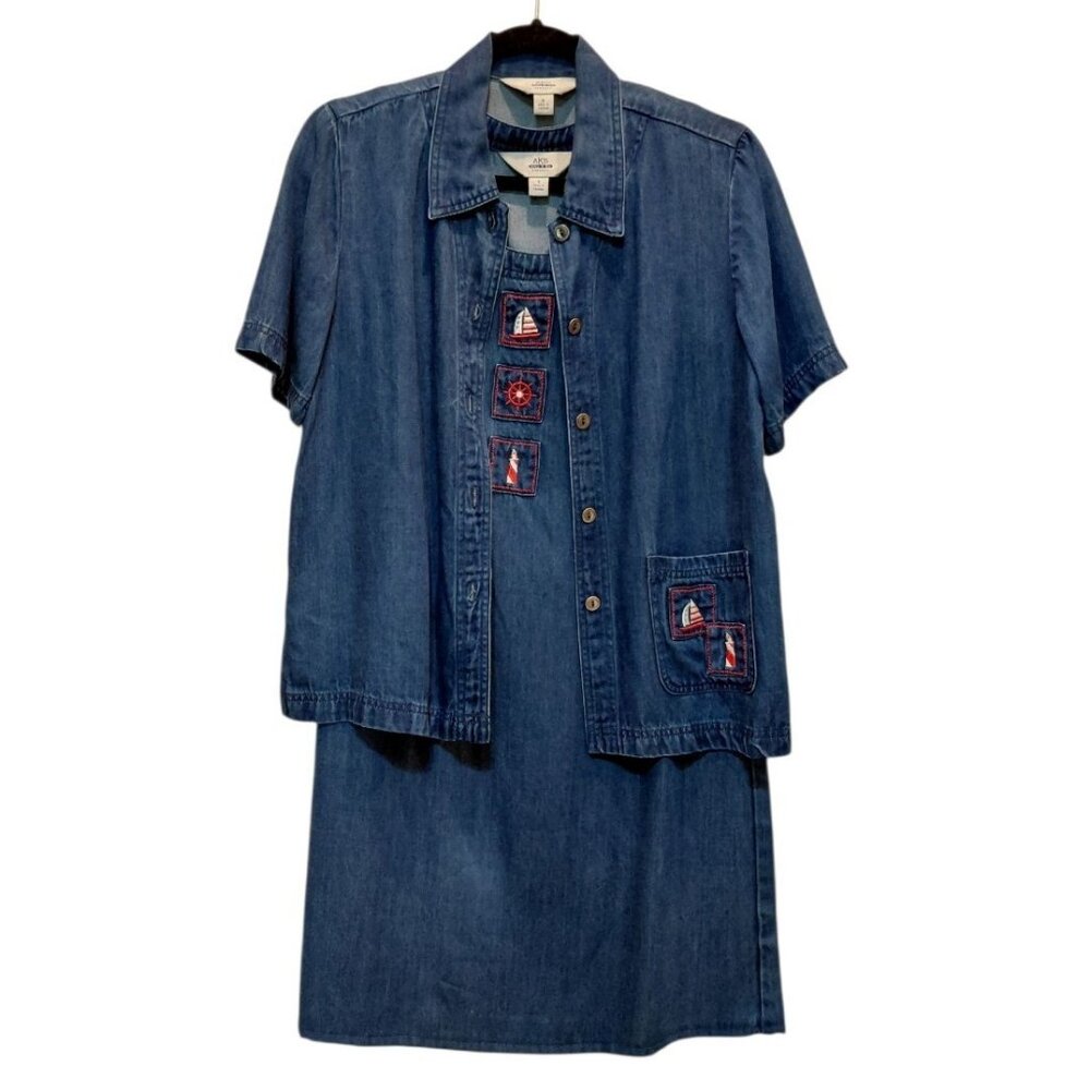 Amy K‎ Su Denim Dress & Shirt Jacket Small Lighthouse Embroidered